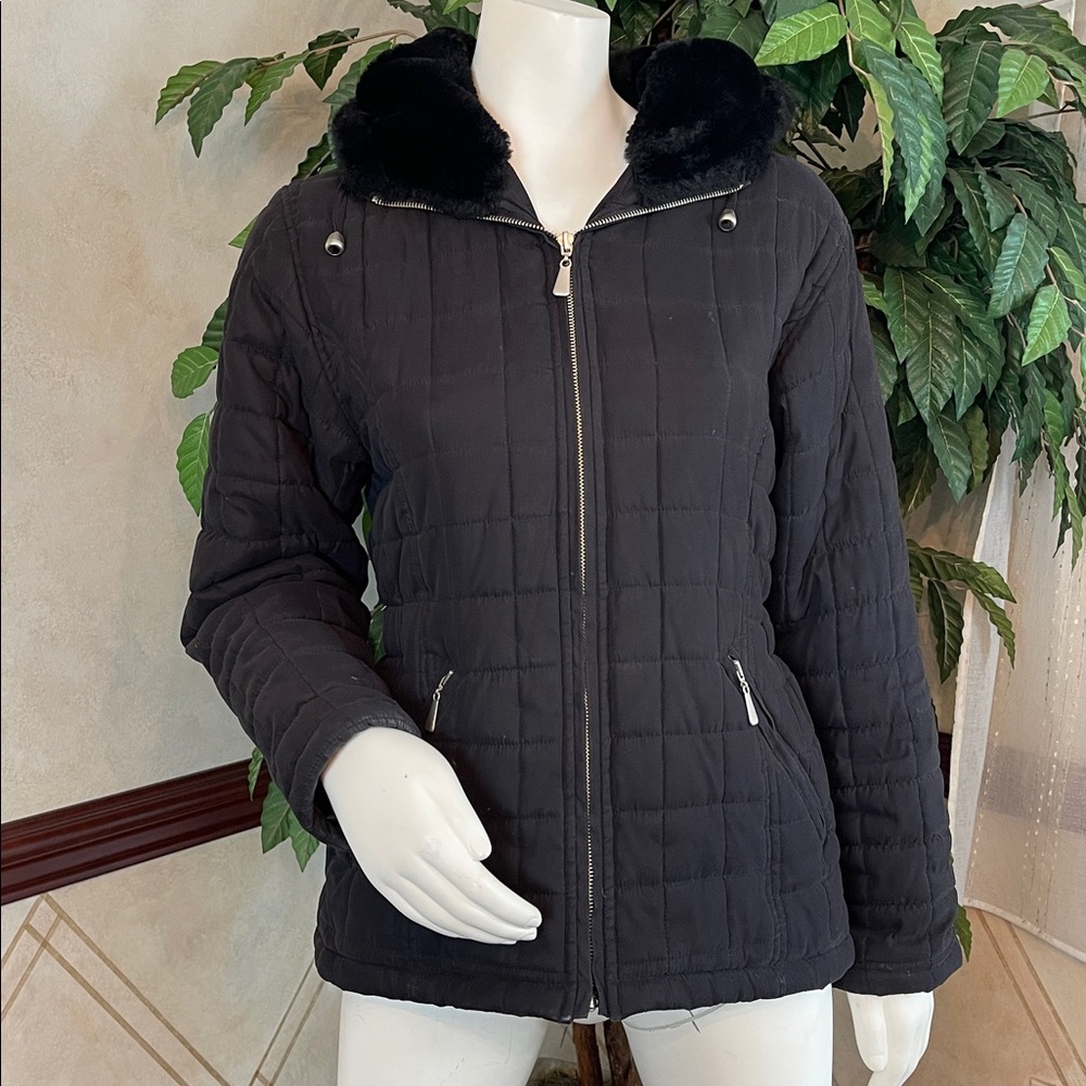 LOFT BLACK QUILTED FAUX FUR HOODED JACKET